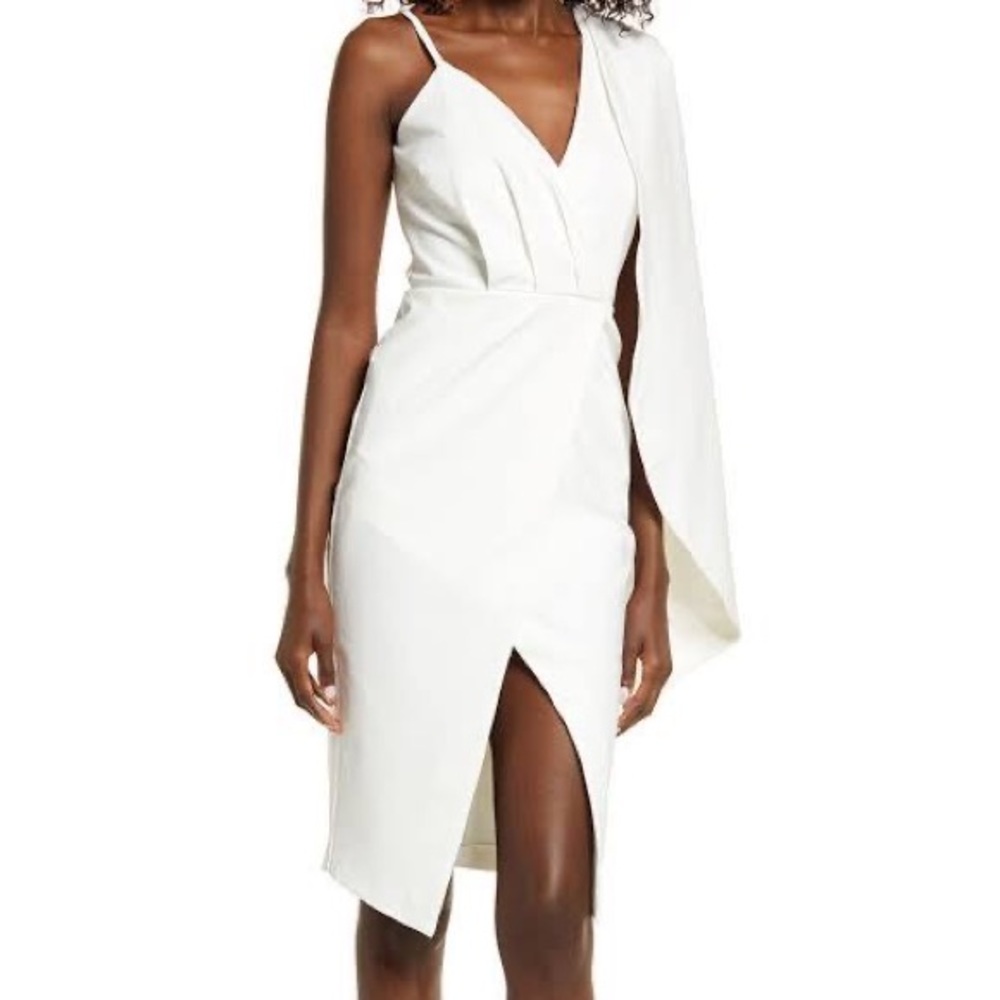 Lavish Alice bridal one shoulder cape midi pencil dress with thigh slit in white